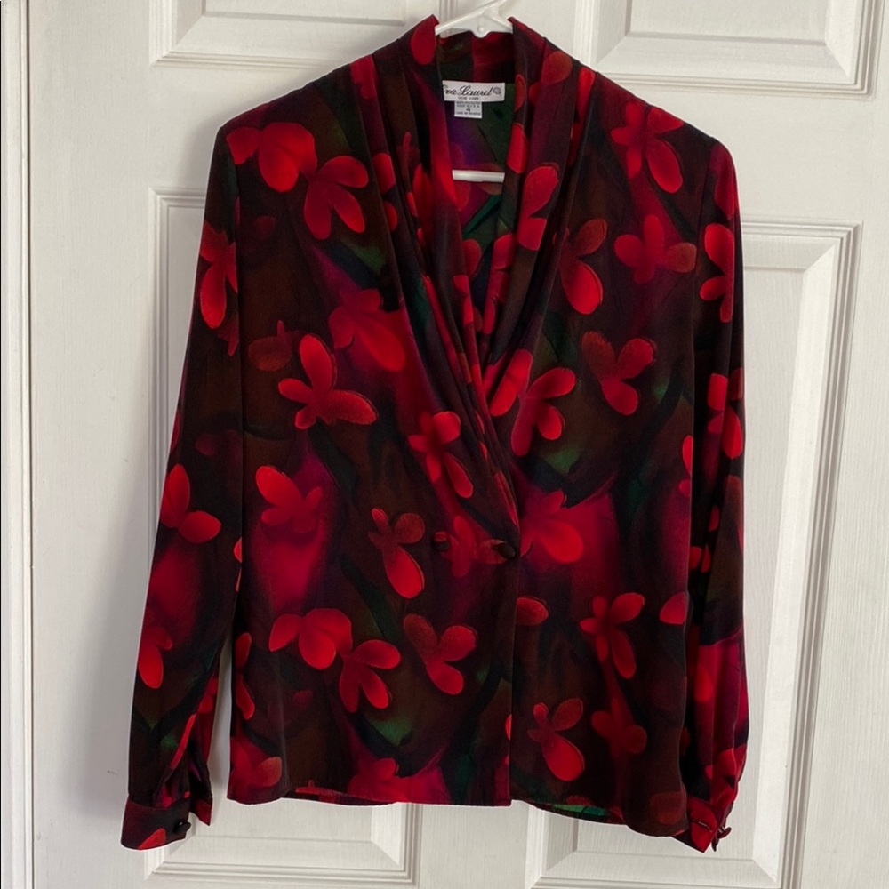 NWOT Eva Laurel New York Floral Print Long Sleeve Blouse Shawl Collar Size 4